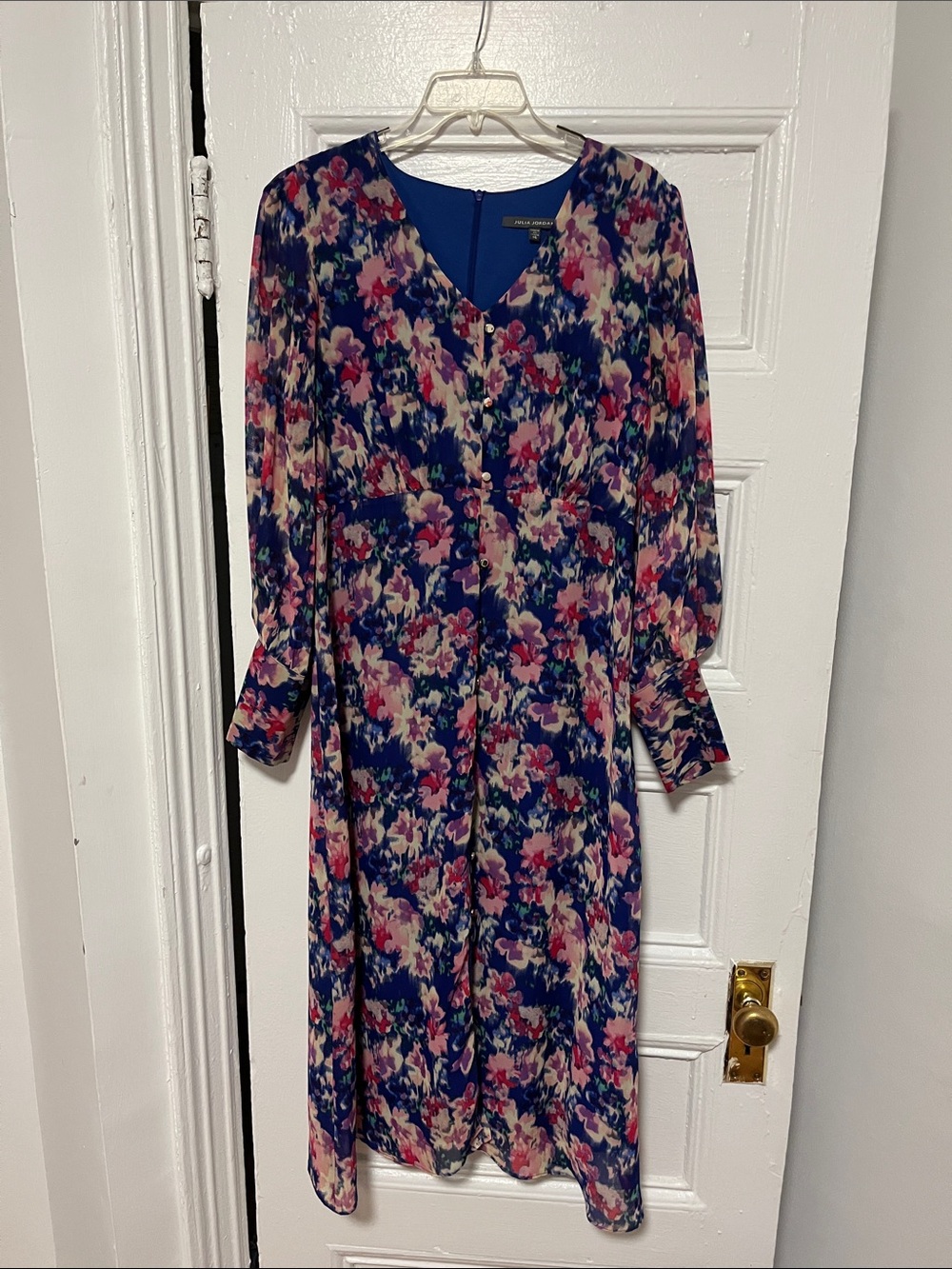 Julia Jordan Floral Long-Sleeve Midi Dress in Blue and Pink